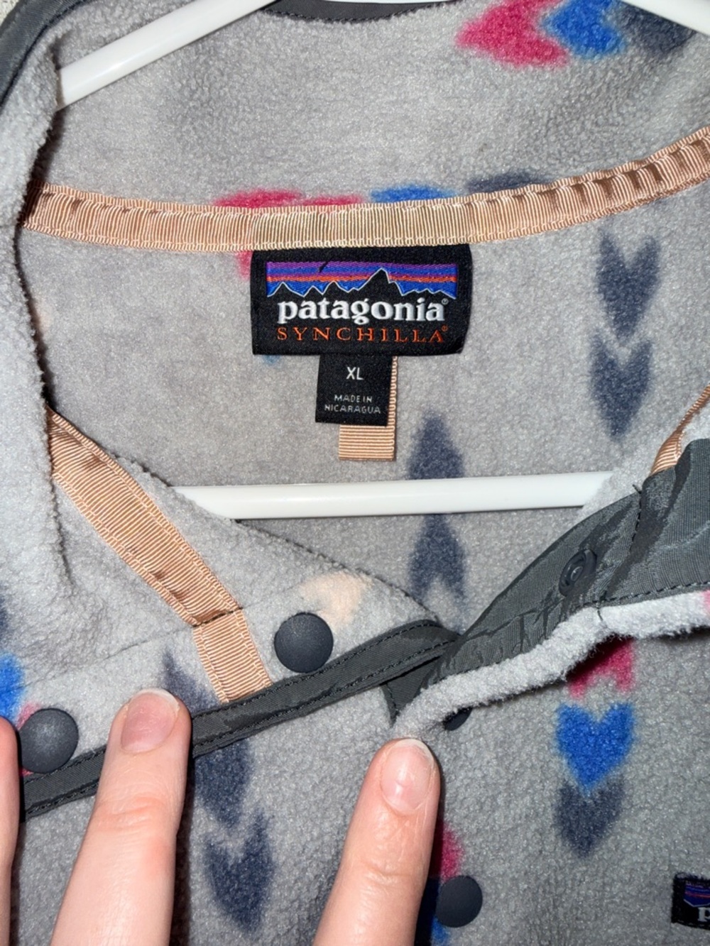 Patagonia Grey Fleece Pullover with Pink, Blue, Navy & Cream Accents - Picture 2 of 3